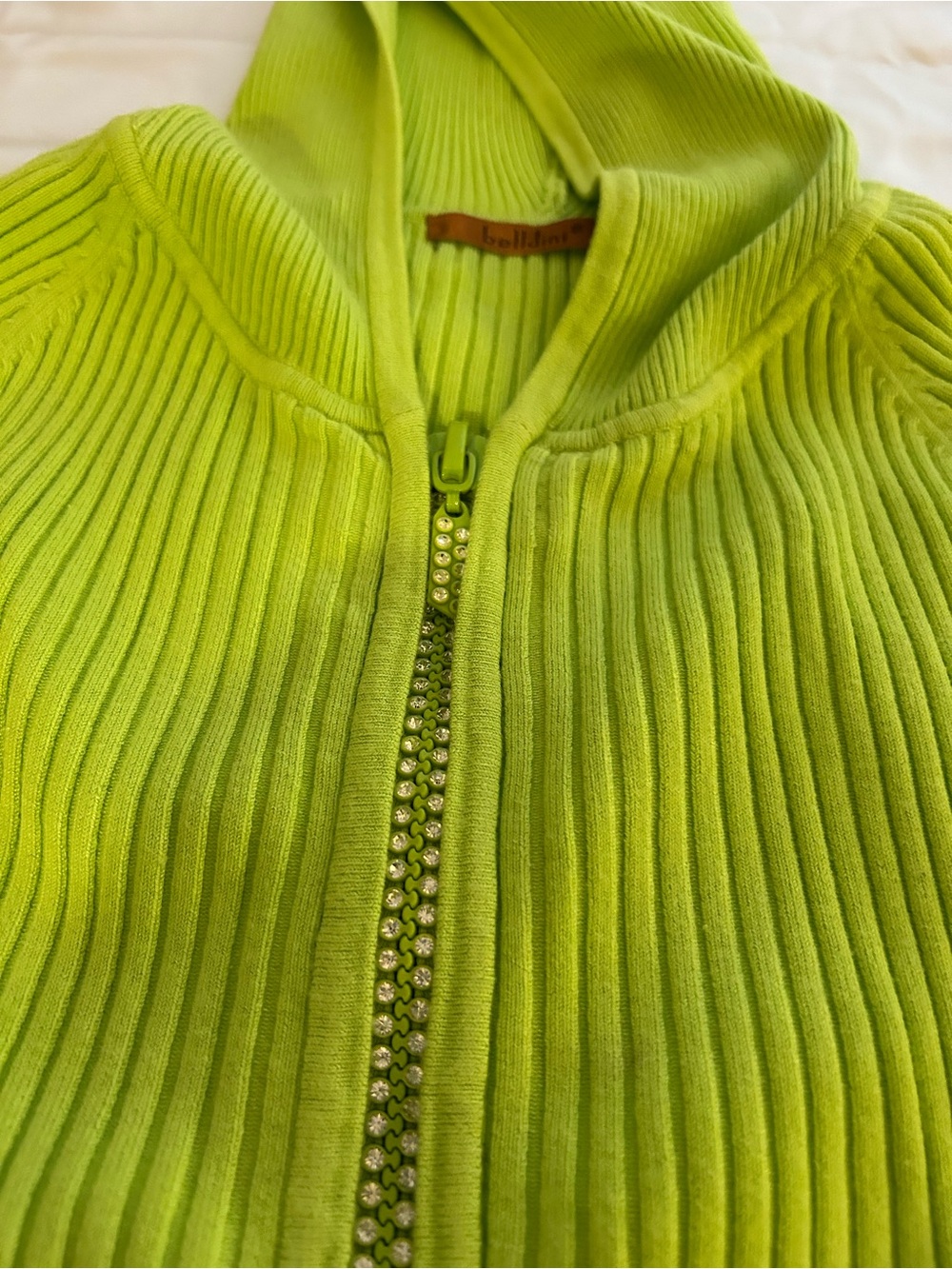 BRAND NEW! Bellini Lime Green Ribbed Hooded Zip Sweatshirt w/ Rhinestone zipper